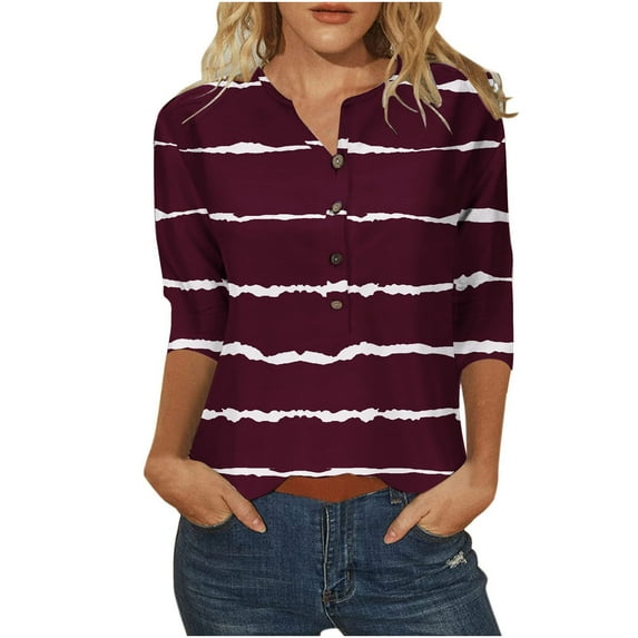 Olyvenn Women's Summer Business Versatile Vintage T-Shirts Stylish Comfy Slim Fit Casual Flowy Blouse Dressy Fashion Trendy 3/4 Sleeve Tees Tie Dye Stripe Tops Buttons Crew Neck Shirts Wine 10