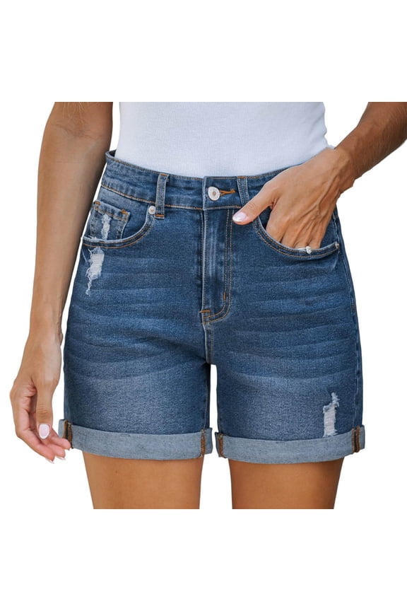 Women's Summer Casual Cuffed Denim Shorts Button Fly Distressed Jean Shorts Dark Blue XL