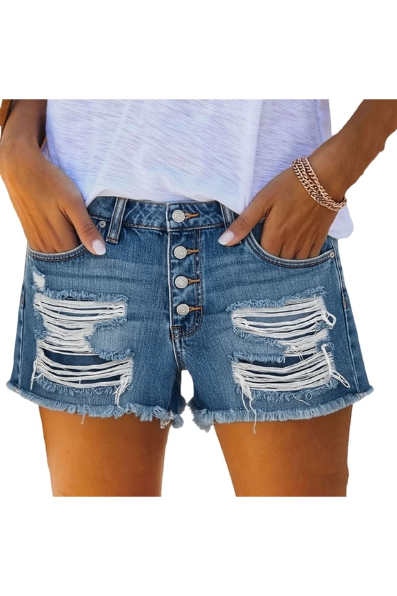 Women's Summer Casual Distressed Denim Shorts Button Fly Frayed Hem Jean Shorts Dark Blue XL