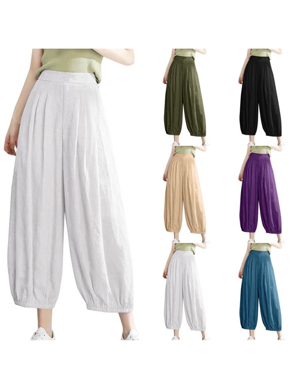Women's Summer Casual Slim High Elastic Waist Full Length Long Pants Solid Color Sports Active Cotton And Linen Pants Female Fashion Blue 10