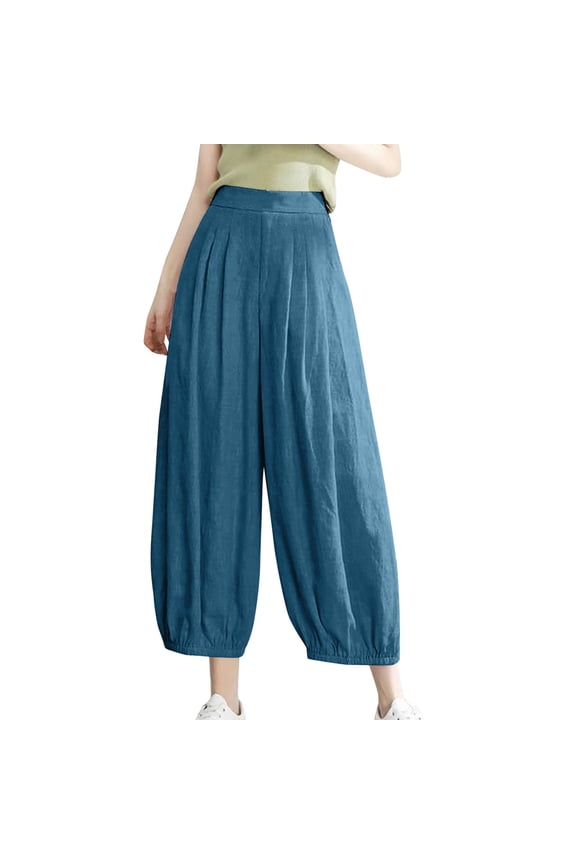 Women's Summer Casual Slim High Elastic Waist Full Length Long Pants Solid Color Sports Active Cotton And Linen Pants Female Fashion Blue 6