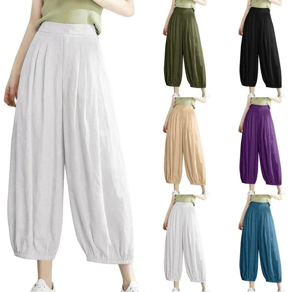Olyvenn Women's Summer Casual Slim High Elastic Waist Full Length Long Pants Solid Color Sports Active Cotton And Linen Pants Female Fashion Khaki 12