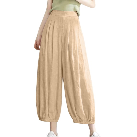 Olyvenn Women's Summer Casual Slim High Elastic Waist Full Length Long Pants Solid Color Sports Active Cotton And Linen Pants Female Fashion Khaki 8