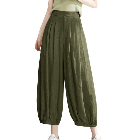 Olyvenn Women's Summer Casual Slim High Elastic Waist Full Length Long Pants Solid Color Sports Active Cotton And Linen Pants Female Fashion Army Green 4