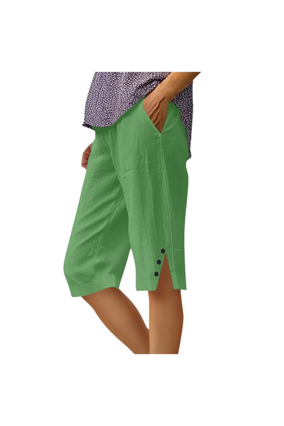 Women's Summer Casual Solid Capri Pants Elastic Waist Button Slit Cropped Green XXXXXL