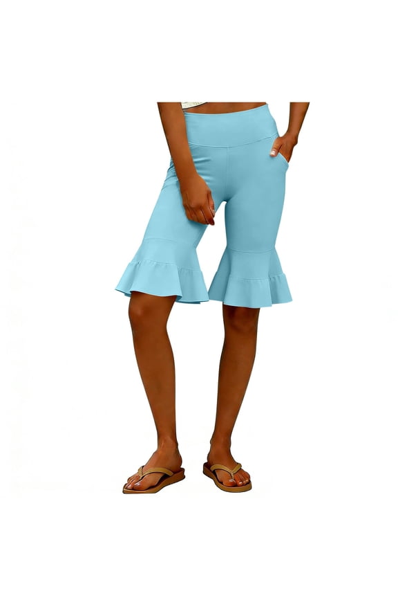 Women's Summer Casual Solid Ruffle Hem Flare Shorts High Waist Pocket Light Blue S