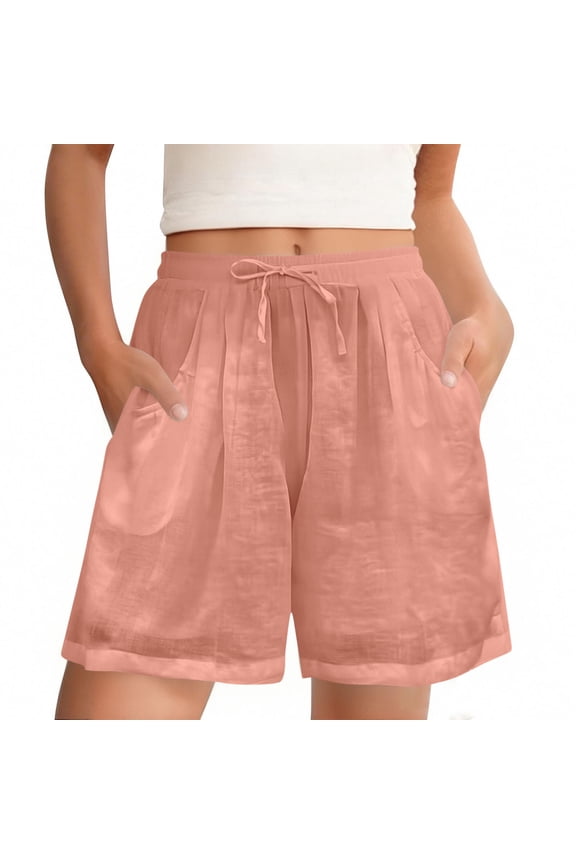 Women's Summer Casual Textured Drawstring Shorts Elastic Waist Pocket Pink XXL