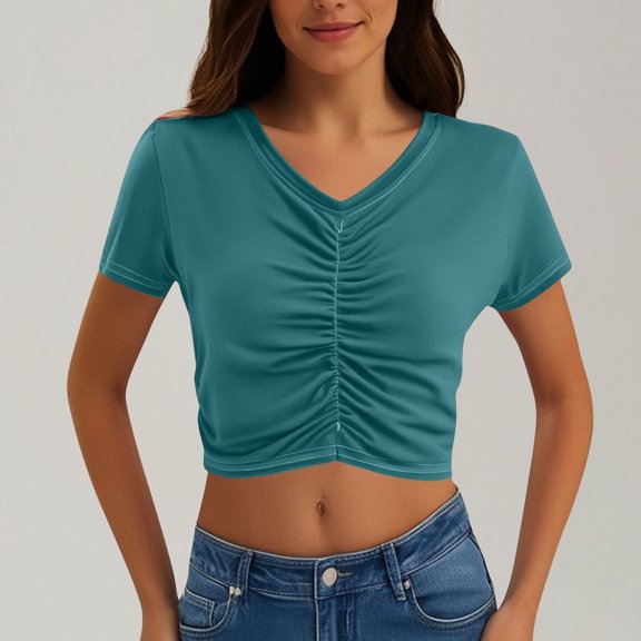Olyvenn Women's Summer Causal Short Sleeve Going Out Shirts V Neck Slim Y2K Crop Tops Pleated Front Tee T-Shirt Green L