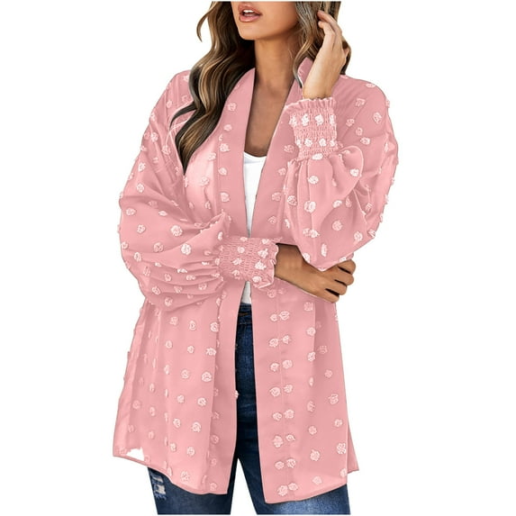 Olyvenn Women's Summer Chiffon Cardigan Polka Dot Print Open Front Long Sleeve Loose Kimono Cardigan Blouse Shirt Tops Beach Cover Up Pink 10