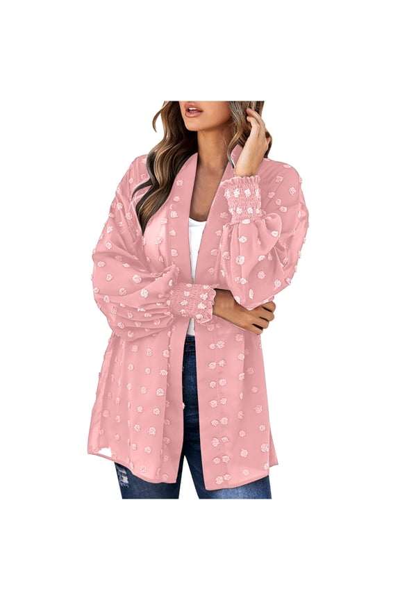 Women's Summer Chiffon Cardigan Polka Dot Print Open Front Long Sleeve Loose Kimono Cardigan Blouse Shirt Tops Beach Cover Up Pink 10