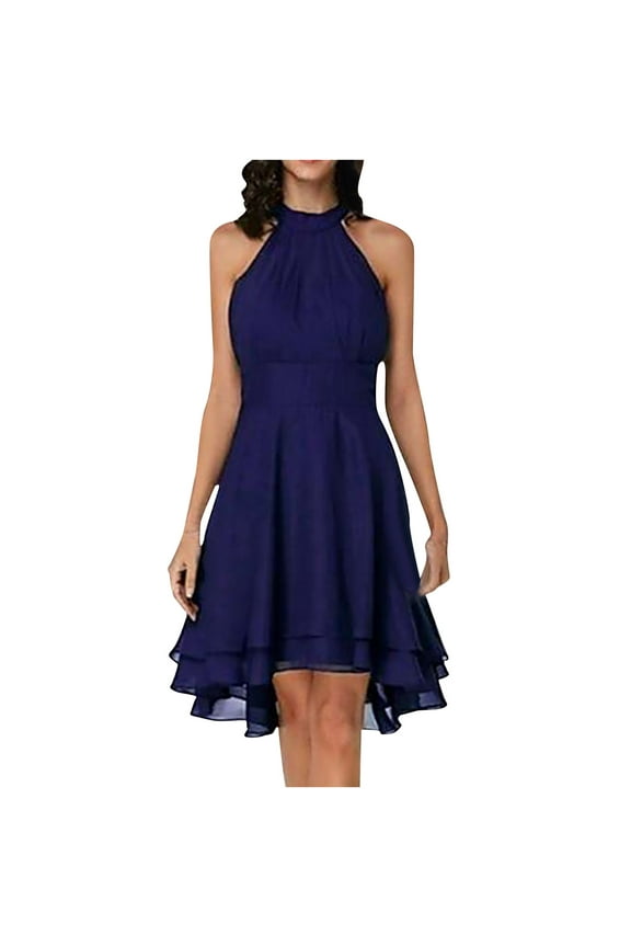 Women's Summer Chiffon Double Layer Ruffles Pencil Dress Party 2023 Sleeveless Trendy Slip Cocktail Dress Solid Sundress Halter Babydoll Slim Empire Waist Swing Blouson Smocked Navy 6