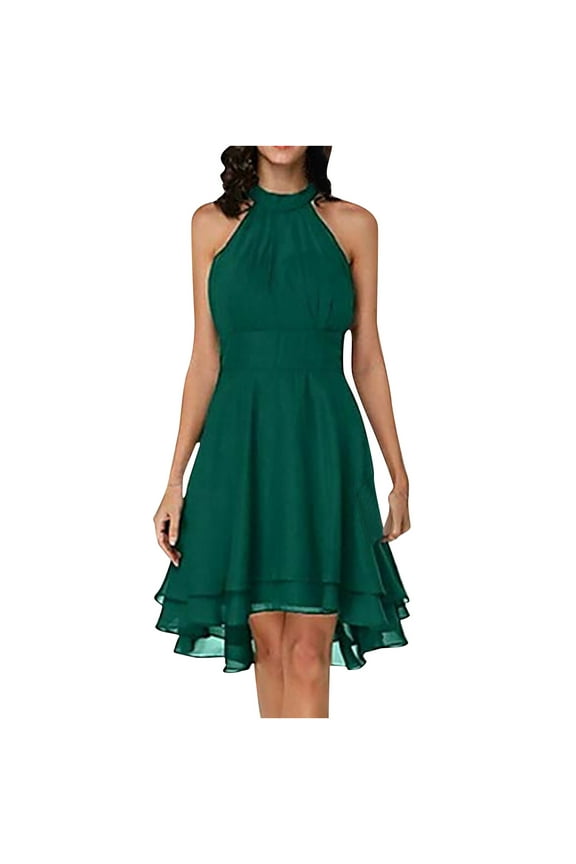 Women's Summer Chiffon Double Layer Ruffles Pencil Dress Party 2023 Sleeveless Trendy Slip Cocktail Dress Solid Sundress Halter Babydoll Slim Empire Waist Swing Blouson Smocked Army Green 12