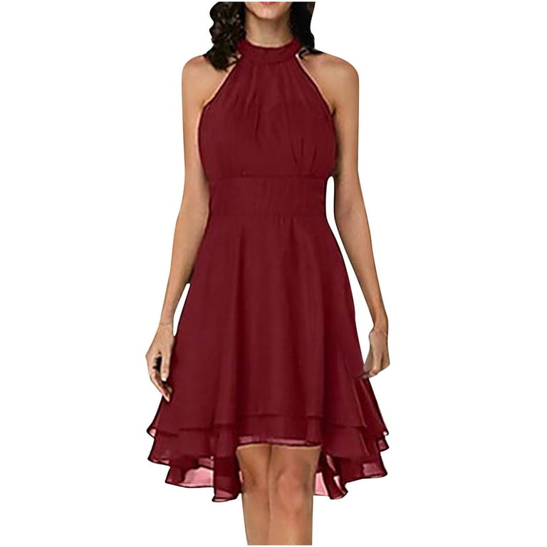 Olyvenn Women's Summer Chiffon Double Layer Ruffles Pencil Dress Party 2023  Sleeveless Trendy Slip Cocktail Dress Solid Sundress Halter Babydoll Slim Empire  Waist Swing Blouson Smocked Wine 10 - Walmart.com