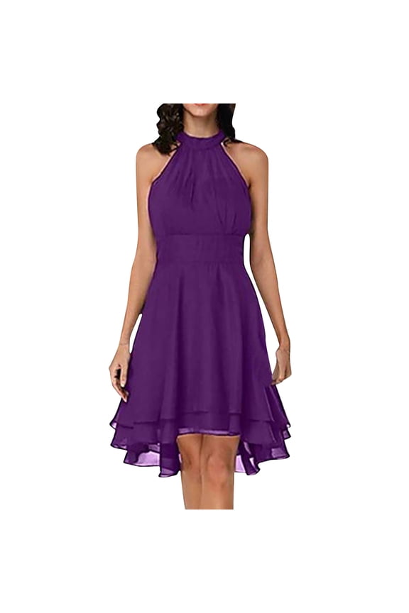 Women's Summer Chiffon Double Layer Ruffles Pencil Dress Party 2023 Sleeveless Trendy Slip Cocktail Dress Solid Sundress Halter Babydoll Slim Empire Waist Swing Blouson Smocked Purple 8