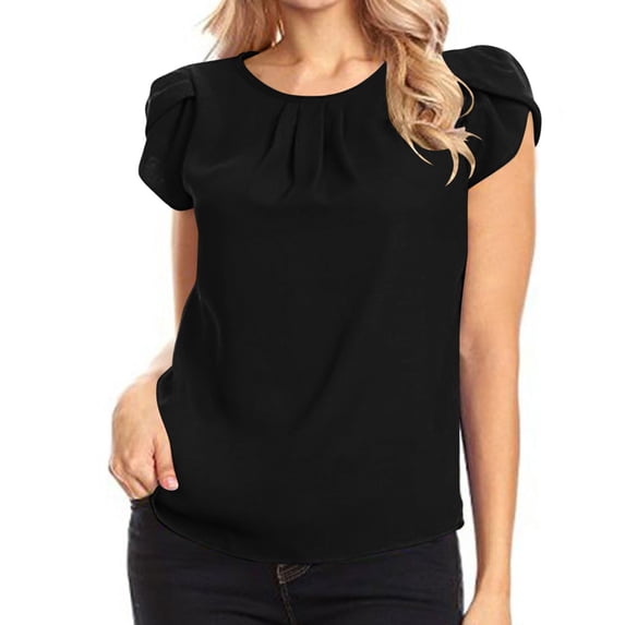 Olyvenn Women's Summer Chiffon Solid Round Neck Shirt, Lightweight Breathable Short Sleeve Loose Casual Blouse Black S