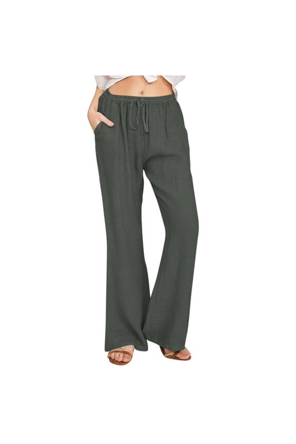 Women's Summer Cotton Linen Pants Drawstring High Waist Wide Leg Loose Palazzo Pants Casual Beach Pants Loose Fit with Pockets Gray L