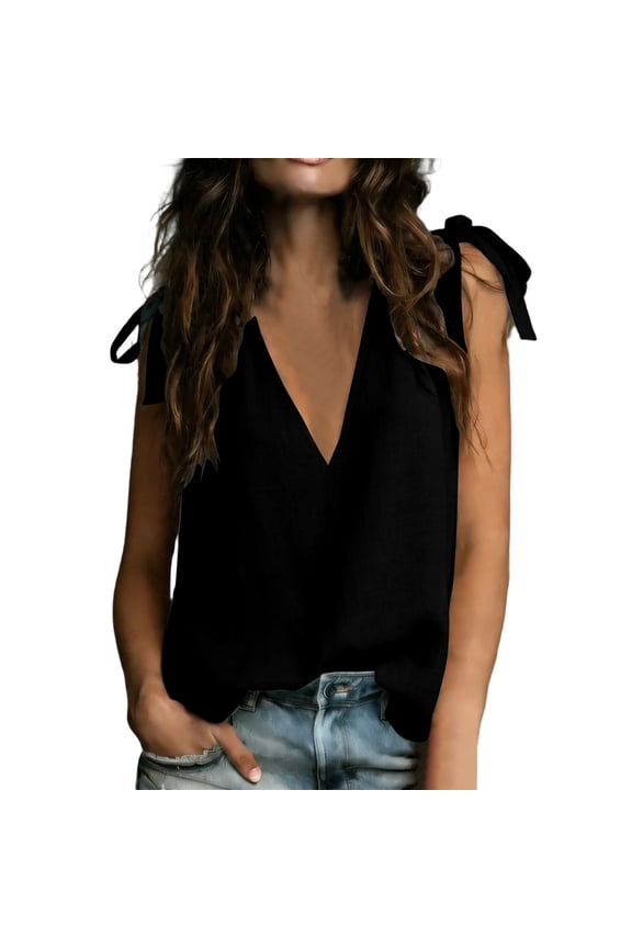 Women's Summer Cotton Linen V-Neck Cami Top Tie Shoulder Loose Sleeveless Blouse Tank Top Black S