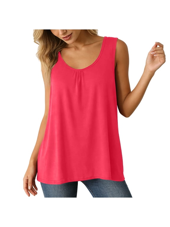 Women's Summer Crew Neck Cami Top Front Pleated Wide Strap Sleeveless Casual Top Hot Pink XXXXL