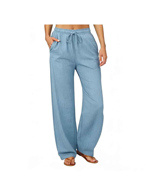 Women's Summer Crinkled Linen Blend Wide Leg Pants, High Waist Loose Breathable Plus Size Casual Vacation Trousers Light Blue XXL