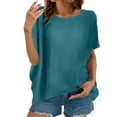 thumbnail image 1 of Olyvenn Women's Summer Dressy Casual Short Sleeve Shirts Crewneck Silk Satin Business Office Work Blouse Tops Blue XL, 1 of 9
