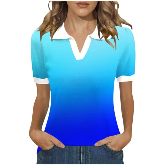 Olyvenn Women's Summer Gradient Print Turn Down Collar Top, Loose Fit Lightweight Short Sleeve Button Collared Blouse for Beach Holiday Blue L