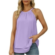 Olyvenn Women's Summer Halter Tank Tops Reduced Solid Double Chiffon Cami High Neck Shirts Loose Fit Flowy Tunic Blouse Strap Body Suits Women Fashion 2023 Trendy Sleeveless Tops Purple 6