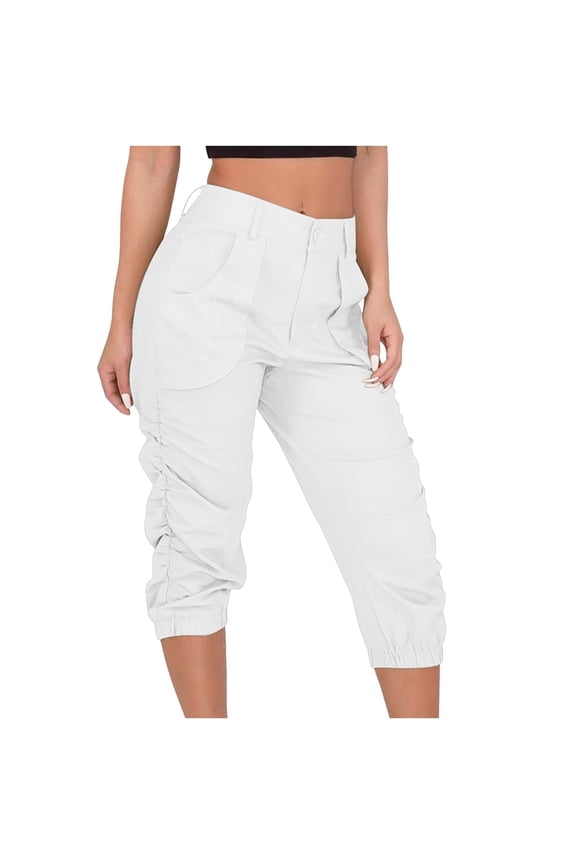 Women's Summer High Waist Full Length Long Pants ed Solid Color Summer Casual Capris Cargo Pants With Pokets Trendy Comfy Loose Fit Casual Pants White 4