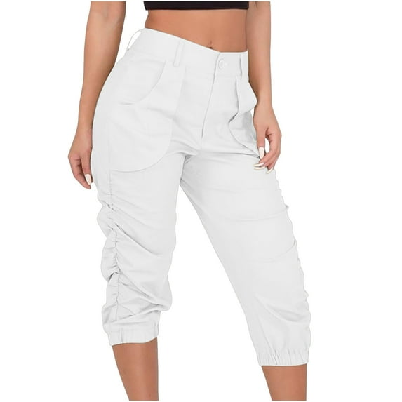 Olyvenn Women's Summer High Waist Full Length Long Pants ed Solid Color Summer Casual Capris Cargo Pants With Pokets Trendy Comfy Loose Fit Casual Pants White 14