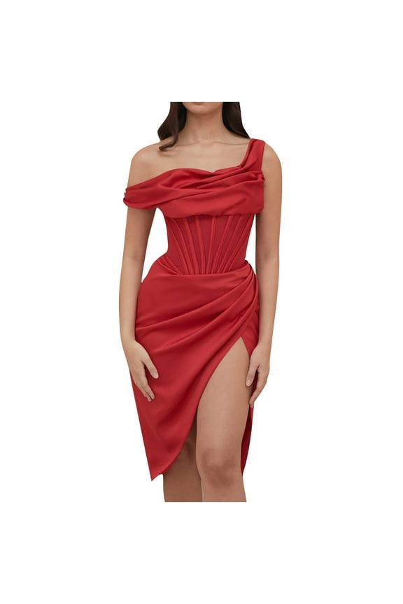 Women's Summer Irregular Slit Dress Bodycon Slim Empire Waist Blouson Smocked Party Wedding Flowy Trendy 2023 Sleeveless Cocktail Dress Solid Sundress Sling Crew Neck Babydoll Red 6