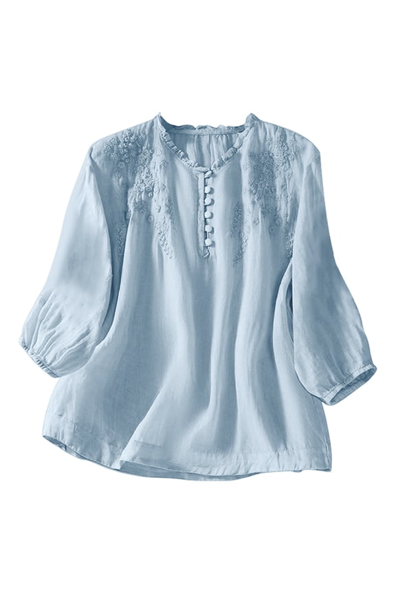 Women's Summer Linen Blend Embroidered Blouse, V-Neck Solid Lightweight 3/4 Sleeve Relaxed Casual Top Light Blue S
