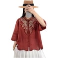thumbnail image 1 of Olyvenn Women's Summer Linen Blend Embroidered Stand Collar Shirt, 3/4 Sleeve Loose Breathable Daily Blouse Red XXL, 1 of 7