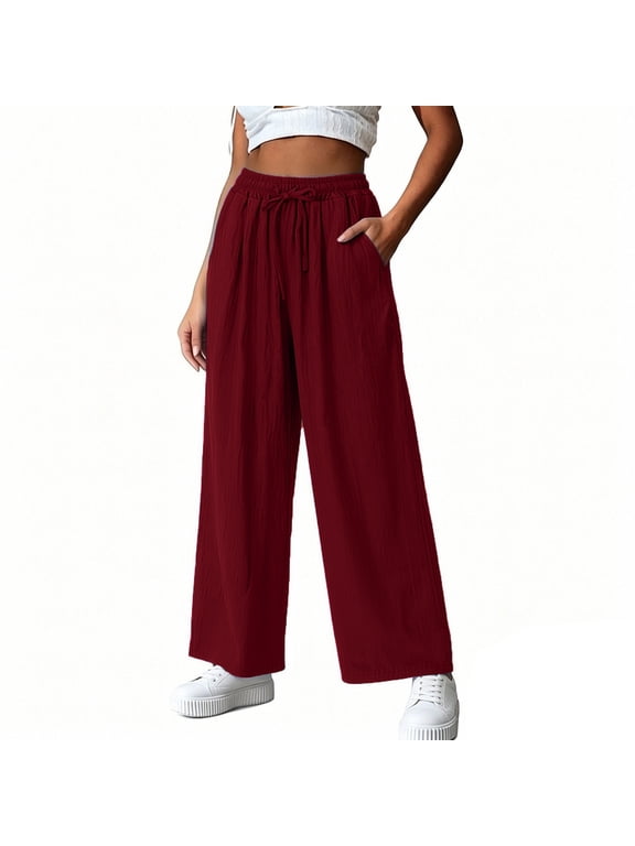 Women's Summer Linen Blend Loose Casual Pants, Lightweight Breathable Relaxed Fit Trousers for Ladies Everyday Outfit Red XL