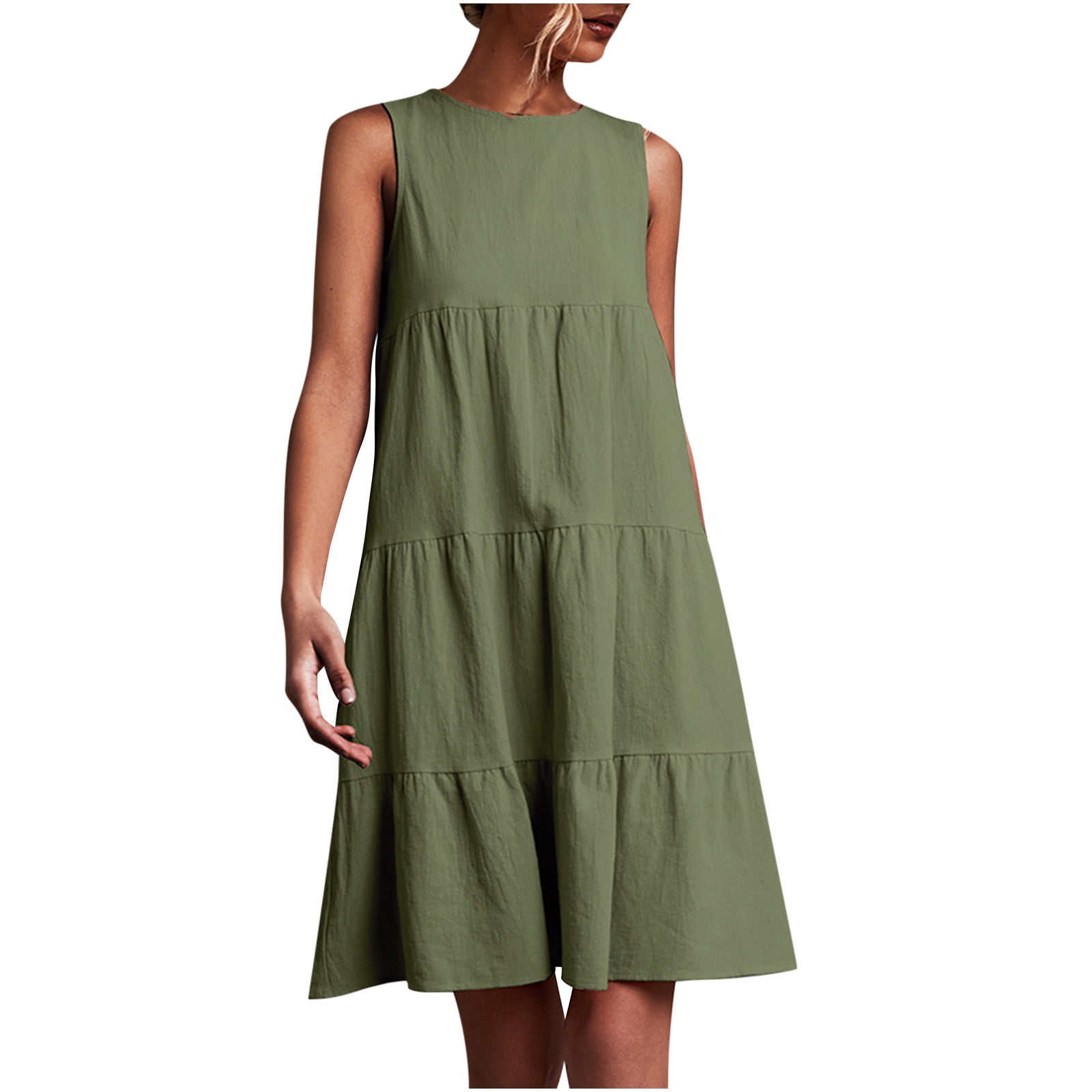 Women's Summer Party Beach Loose Dresses Tiered Pleated Swing Loose Babydoll Smocked Formal Trendy 2023 Sleeveless Cocktail Dress Tent Comfy Solid Sundress Crew Neck Babydoll Army Green 4
