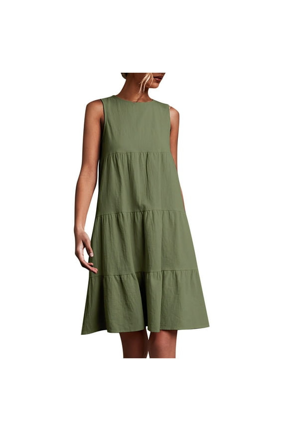 Women's Summer Party Beach Loose Dresses Tiered Pleated Swing Loose Babydoll Smocked Formal Trendy 2023 Sleeveless Cocktail Dress Tent Comfy Solid Sundress Crew Neck Babydoll Army Green 4