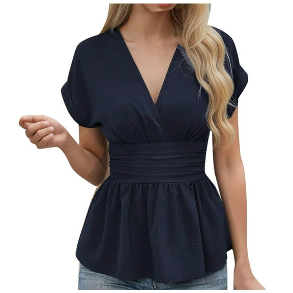 Olyvenn Women's Summer Peplum Tops Sexy Wrap V Neck Ruched Waist Ruffle Hem Blouses Short Sleeve Casual Elegant Flowy Shirts Navy S