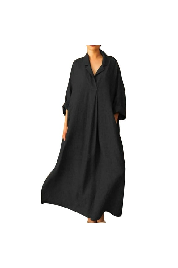 Women's Summer Plus Size Maxi Shirt Dress with Pocket Party Trendy 2023 Long Sleeve Cocktail Dress Solid Sundress Lapel Collar Babydoll Vacation Comfy Loose Casual Smocked Black 12