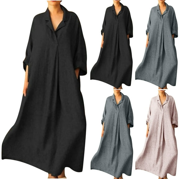 Olyvenn Women's Summer Plus Size Maxi Shirt Dress with Pocket Party Trendy 2023 Long Sleeve Cocktail Dress Solid Sundress Lapel Collar Babydoll Vacation Comfy Loose Casual Smocked Gray 8