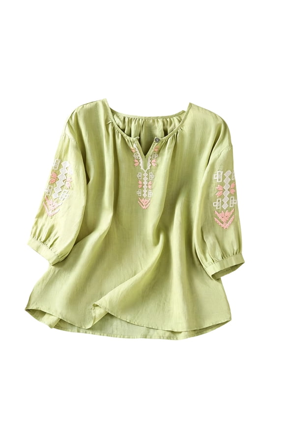 Women's Summer Retro Linen Blend Embroidered Blouse, Round Neck Short Sleeve Loose Relaxed Cropped Top Green M