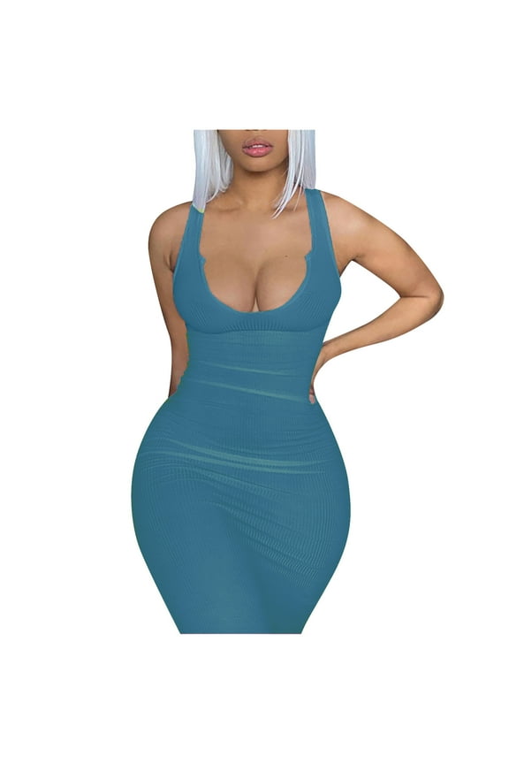 Women's Summer Ribbed Party Club Dress Tight Bodycon Trendy 2023 Sleeveless Cocktail Dress Solid Sundress Trendy Scoop Babydoll Slim Fit Hip Wrap Flowy Smocked Party Wedding Flowy Blue 4