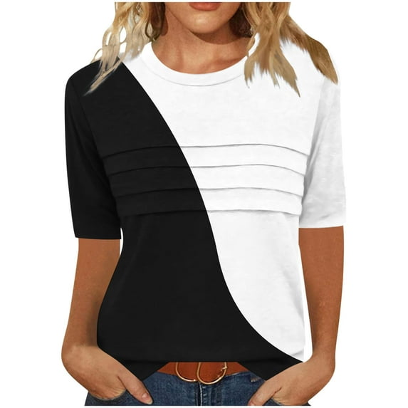 Olyvenn Women's Summer Short Sleeve Top Casual Floral Print Blouse Crewneck Ruched Front Shirts Lightweight Loose Fit Blouse Black M