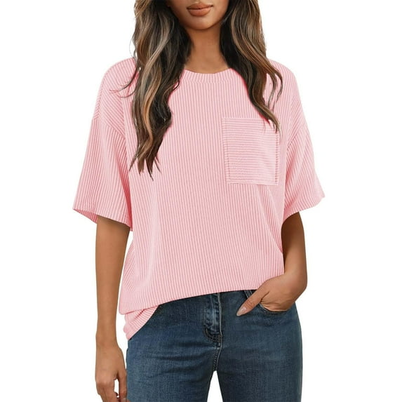 Olyvenn Women's Summer Short Sleeve Tops Oversized Crewneck Textured Blouse Summer Loose T-Shirts Casual Basic Tunic Tee Pink XXL