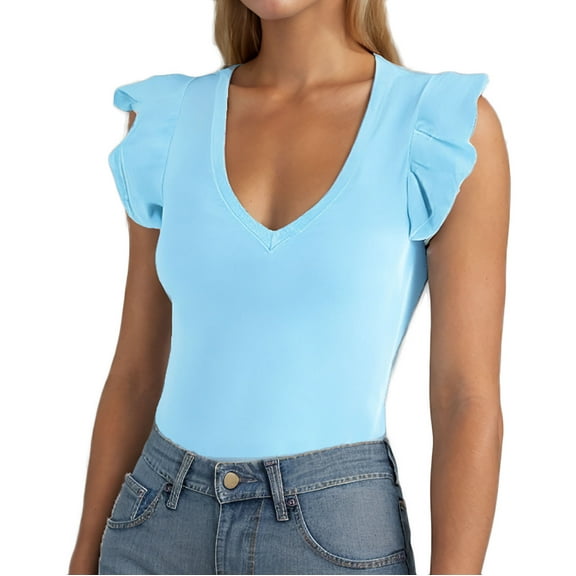 Olyvenn Women's Summer Sleeveless Tops V Neck Ruffle Shirts Ribbed Knit Tank Top Sexy Blouse Ladies Clothes 2025 Light Blue M