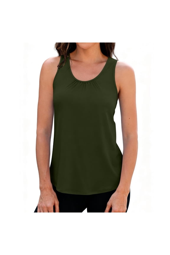 Women's Summer Solid Crew Neck Pullover Cami Top Pleated Sleeveless Casual Loose Fit Fashion Blouse Army Green S