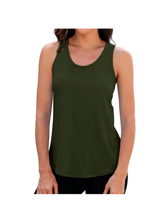 Women's Summer Solid Crew Neck Pullover Cami Top Pleated Sleeveless Casual Loose Fit Fashion Blouse Army Green XXL