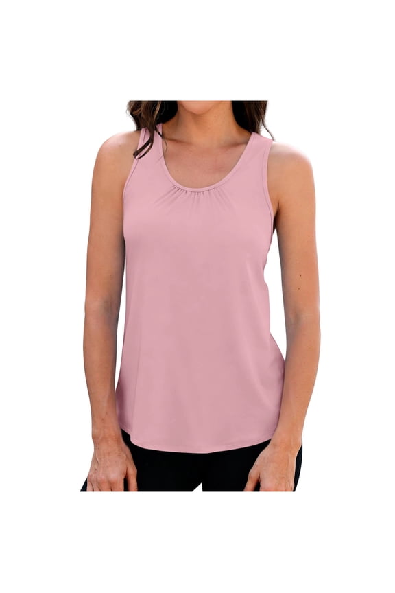 Women's Summer Solid Crew Neck Pullover Cami Top Pleated Sleeveless Casual Loose Fit Fashion Blouse Pink XXL