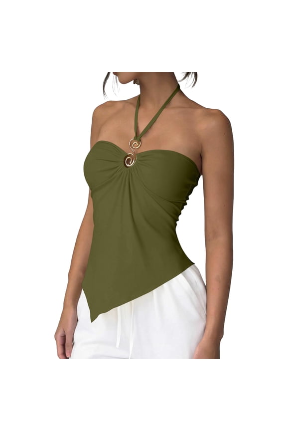 Women's Summer Solid Halter Drawstring Bandeau Cami Top Asymmetric Hem Sleeveless Fashion Tank Top Army Green M