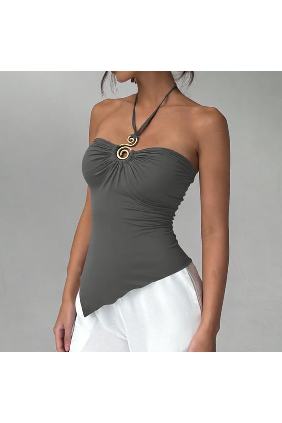 Women's Summer Solid Halter Drawstring Bandeau Cami Top Asymmetric Hem Sleeveless Fashion Tank Top Gray M