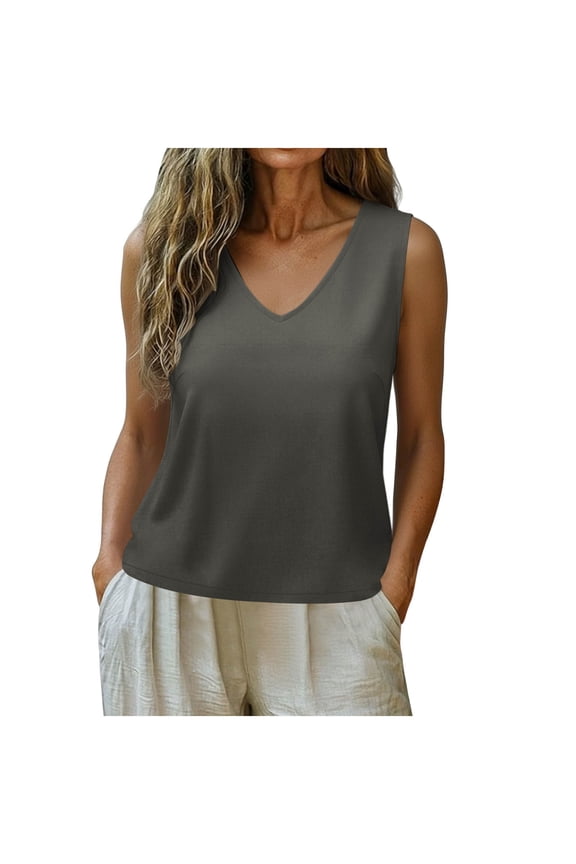 Women's Summer Solid V-Neck Cami Top Back Decorative Button Sleeveless Casual Tank Top Dark Gray L