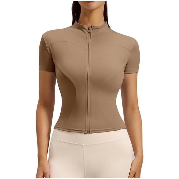Olyvenn Women's Summer Stand Collar Zip Yoga Workout Top, Tight Naked Feel Stretch Breathable Short Sleeve Athletic Shirt Coffee S