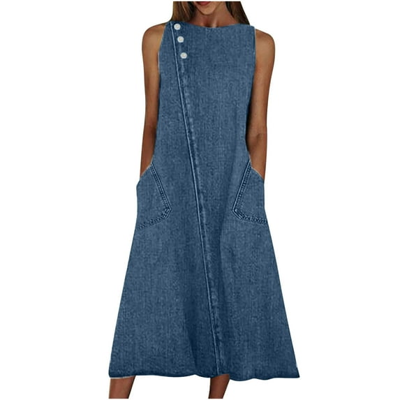 Olyvenn Women's Summer Straight Long Denim Dress with Pocket Crew Neck Babydoll Loose Casual Pencil Dress Smocked Party Trendy 2023 Sleeveless Cocktail Dress Cowboy Solid Sundress Blue 8